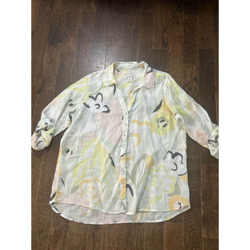 100% Linen Button Up 1X Abstract Print Art to Wear Roll Tab Sleeve Rachel Zoe